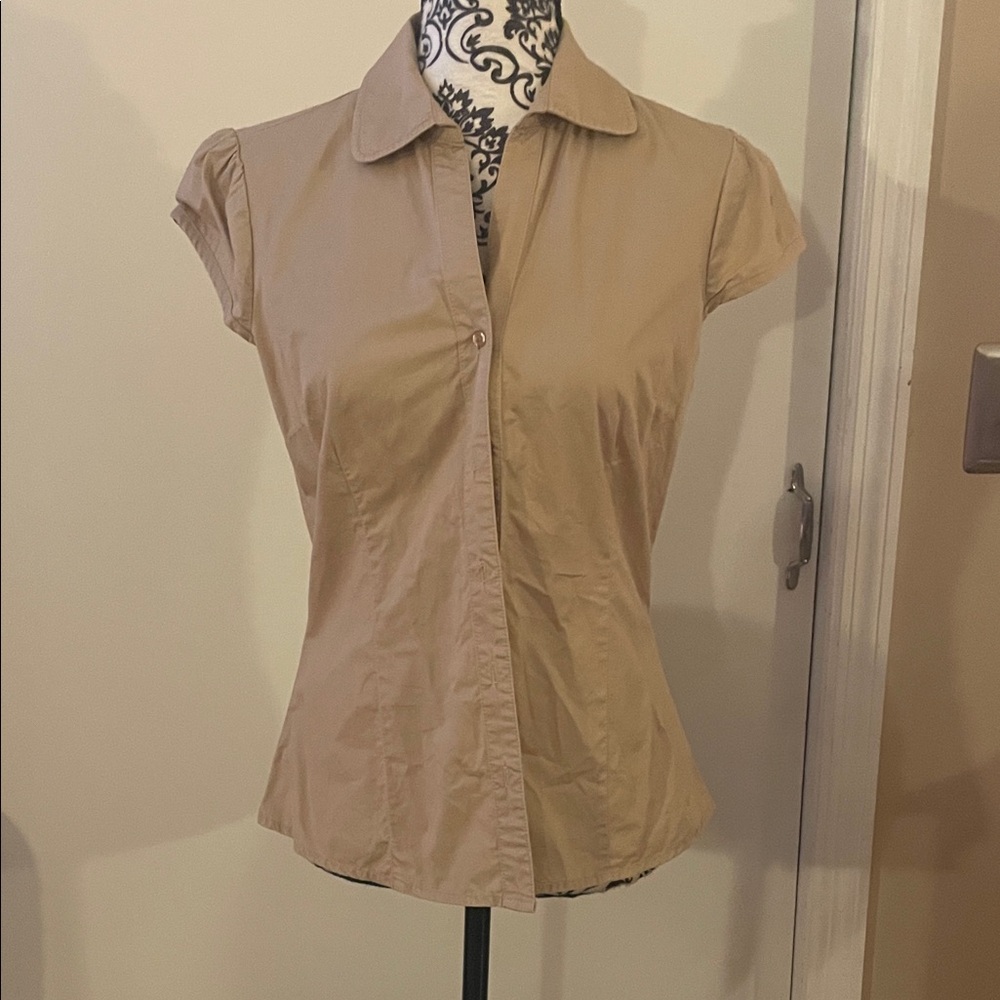 BCBG Tan Button Down Short Sleeve Shirt